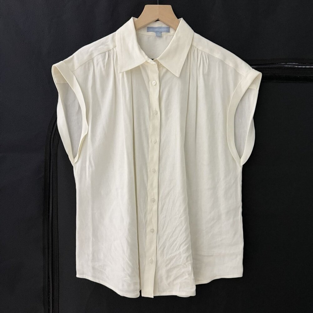 Antonio Melani Ivory Linen Blend Cap Sleeve Button Front Blouse L Career Office
